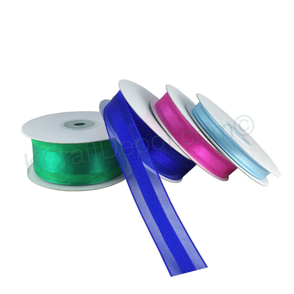 Sheer Organza with Satin Center Ribbon Stripe 25 Yards Roll 3/8&quot; 5/8&quot; 7/... - $6.78+