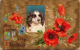 Vintage 1909 Christmas Postcard With Dog Puppy and Peonies Postmarked - £15.68 GBP
