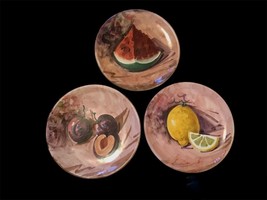 Vintage Peasant Village Italian Pottery Three Hand Painted Fruit Plates 8.25” - £25.78 GBP