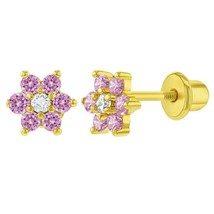 Flower Stud Earrings Simulated Pink Sapphire &amp; Diamond 14K Yellow Gold Plated - £28.57 GBP
