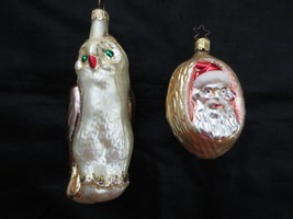 2 Vtg. Glass Jeweled Owl w/ Glitter &amp; Santa In Walnut Shell Ornaments - 6&quot; &amp; 4&quot; - £11.48 GBP