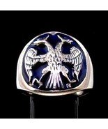 Sterling silver ring Twin Head Eagle coat of arms Russia with Blue ename... - £68.09 GBP+