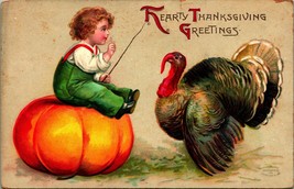 Unsigned Clapsaddle Boy Sitting on Large Pumpkin Turkey Thanksgiving Postcard - £10.45 GBP