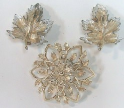 Sarah Coventry Chrysanthemum Flower Maple Leaves Earrings Brooch Set Silver Gold - £11.79 GBP