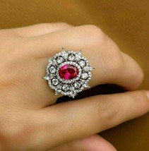 3 Ct Simulated Red Ruby Women&#39;s Engagement Ring 14k White Gold Plated Silver - £94.73 GBP