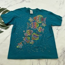 KWBL Womens Vintage 90s Puff Paint Fish Tee One Size Teal Gold Bejeweled... - £22.94 GBP