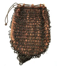 Vtg Micro Brown Metallic Sheen Bead Cinch Flapper Handmade Bag Purse Bea... - $100.00