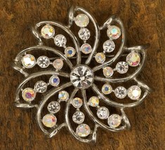 Vintage Costume Jewelry Silver Tone AB Rhinestone Spiral Flower Metal Brooch Pin - £15.81 GBP