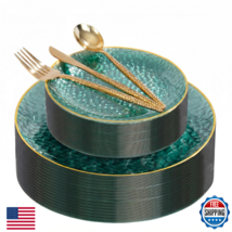 I00000 150Pcs Clear Green Plastic Plates with Gold Rim,Green Disposable ... - $66.37