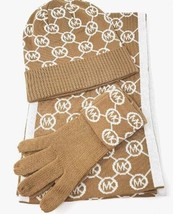 Genuine Michael Kors Camel / White 3 Piece Scarf Hat Gloves Set New In Gift Box - £43.44 GBP