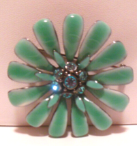 Vintage  Gun Metal Teal Green Enamel &amp; Blue Rhinestone Flower Brooch 1.3/4&quot; Diam - $21.77