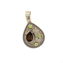 Vtg Sterling Signed India Filigree Ornate Smoky Quartz Peridot Teardrop Pendant - £38.70 GBP