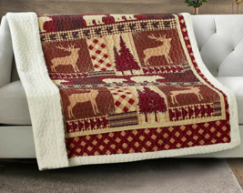 AUTUMN FOREST ANIMALS BEAR PINES QUILTED SHERPA SOFT THROW BLANKET 50x60 INCH
