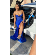 Glitter Royal Blue Long Prom Dress with Slit,Evening Dresses with Feather - £176.56 GBP