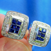 Earth mined Diamond Sapphire Deco Earrings Vintage Style Geometric Stud 14k Gold - £1,174.56 GBP