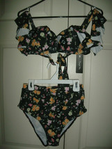 NEW Women&#39;s sz S black floral bikini swimsuit 2 pc set off shoulder high waist - £12.05 GBP