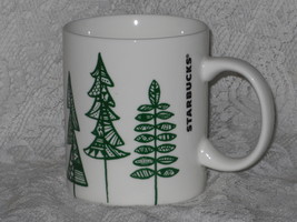 Starbucks Holiday Coffee Mug White with Green Trees 12 oz Ceramic 2015 - $8.95