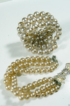 Lot of 2 Two strand crystal bow clasp vintage 3 rows memory wire cuff bracelets - £15.87 GBP