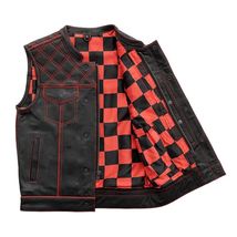 Men&#39;s Leather Vest Red Checker Concealed Red Paisley Lining Waistcoat - £55.88 GBP+