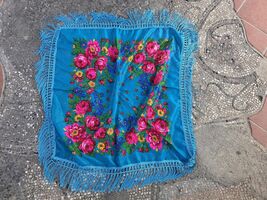 Blue fringed headscarf, vintage floral scarf, Eastern European folklore ... - $25.00