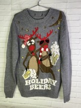 Reindeer Holiday Beers Christmas Ugly Sweater Gray Embellished Womens Si... - £21.89 GBP