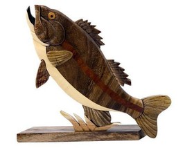 Largemouth Bass Fish Intarsia Wood Table Top Home Decor Handcrafted - £30.33 GBP