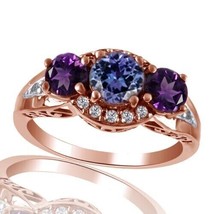 Three Stone Wedding Ring Simulated Gemstone 14K Rose Gold Plated Sterling Silver - £152.08 GBP