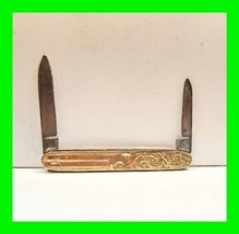 Vintage Ornate Carved Gold Plated S-B Co. Pocket Folding Knife w/ 2 Plai... - $64.34