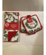 Christmas floral kitchen 3 pc dish drying mat holly pot holders set red - $23.45 CAD