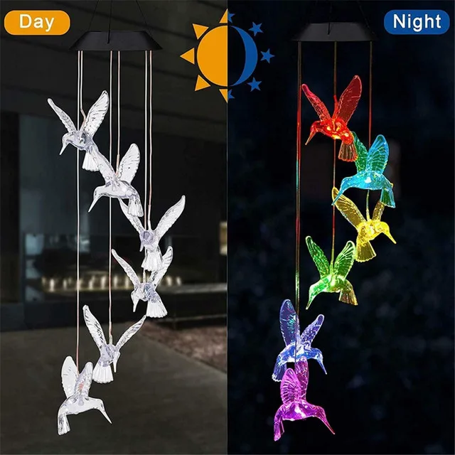 Outdoor Solar Light 6 LED Hummingbird Wind Chime  Color Changing LED Hanging Gar - £75.54 GBP
