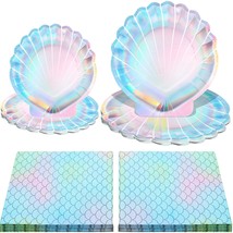 96 Pcs Mermaid Party Supplies Set, 48 Pcs Seashell Plates 7 Inch 9 Inch Mermaid  - £26.70 GBP