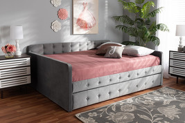 Avery Gray Velvet Fabric Button Tufted Full Size Daybed w/Trundle - $12,957.76 MXN