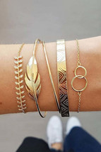 Gold 5Pcs Bohemian Leaf Adjustable Plated Bracelet Set - £14.61 GBP