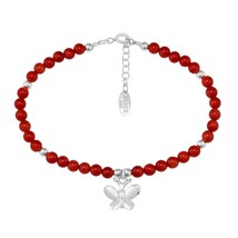 Charming Peace Butterfly Round Red Coral Gemstone Sterling Silver Bracelet - £20.23 GBP