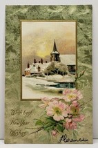 Best New Year Wishes Picturesque Church Gild Embossed Flowers 1908 Postcard A15 - £3.14 GBP