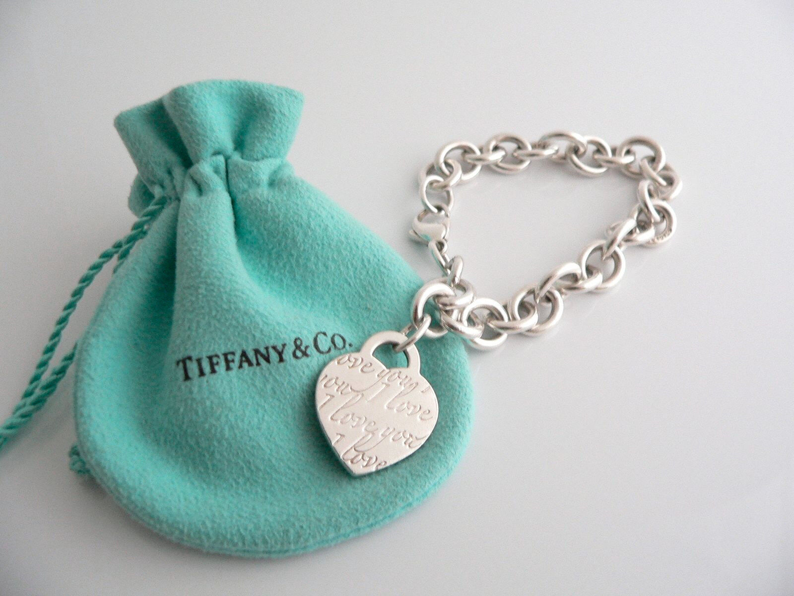Tiffany & Co Silver I Love You Heart Bracelet Charm Pendant Chain Gift Pouch - $468.00
