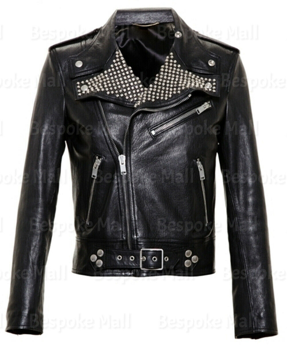 Primary image for New Men's Black Silver Studded Punk Unique Zippered Biker Leather Jacket-702