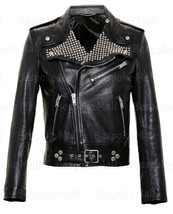 New Men&#39;s Black Silver Studded Punk Unique Zippered Biker Leather Jacket-702 - £215.14 GBP