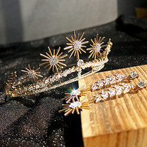 Baroque Exquisite Bride Crowns Earrings Wedding Accessories Gold Sun-Flower Rhin - £20.94 GBP