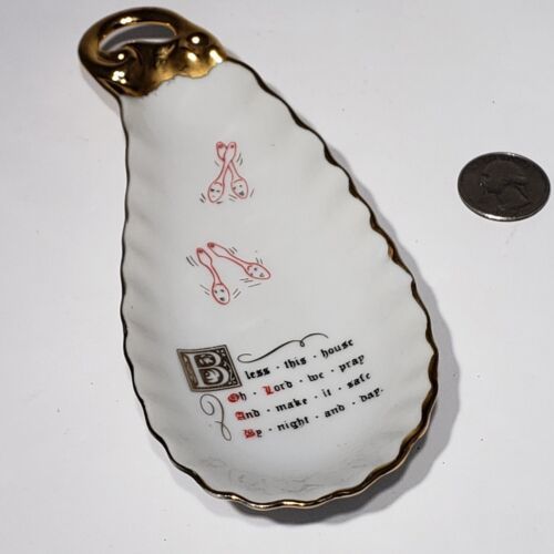 Primary image for Bless This House Poem Porcelain Spoon Rest Hand Painted Gold House Warming Gift