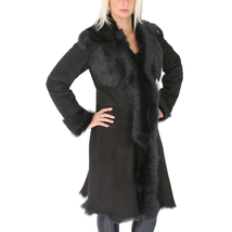 DR220 Women&#39;s Shearling Long Italian Sheepskin Leather Coat Black - £537.97 GBP
