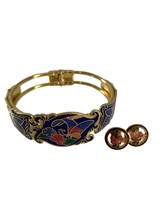 Cloisonné Enamel Bracelet Earrings Set Gold Tone Blue Green Butterflies Flowers - £22.68 GBP