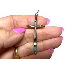 Zuni 925 Sterling Inlay Cross Pendant  Marked Adeline Turquoise Coral.—READ - £80.31 GBP