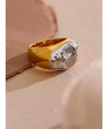 Abstract Face Oval Two-Tone Gold and Silver Stainless Steel Signet Ring - $24.95
