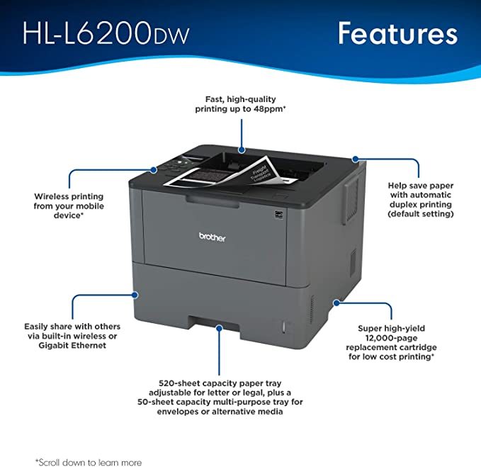 Brother HL-L6200DW  52ppm, 1200dpi, WiFi  LAN - HL-L6200DW Wifi USB  PLU... - $625.99