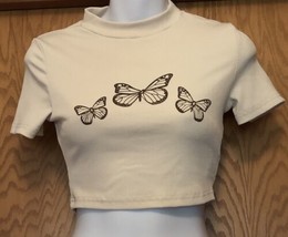 Shein Junior Womens Cream Butterfly Crop Cropped Top Sz Extra Small - £7.82 GBP
