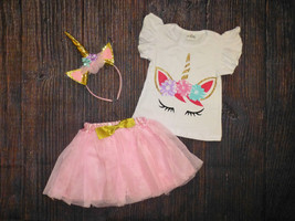 NEW Boutique Baby Girls Unicorn Shirt Tutu Headband Outfit Set 12-18 Months - £10.38 GBP