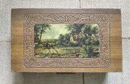 Vintage Carved Wood Jewelry Box w Decoupage Cottage In The Woods Picture - £12.46 GBP