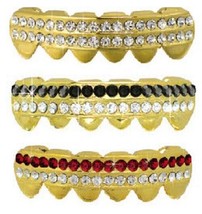 14K Gold Plated Lower Bottom Iced Clear Red Black Teeth 3 pc Grillz Set w Molds - £10.95 GBP