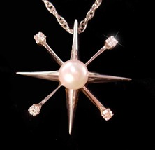 14kt white gold Star pendant - starburst PEARL diamond necklace - 16&quot; sterling c - £255.99 GBP